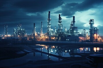 Night photo of an oil refinery base. A plant for the production of fuels and lubricants from oil is one of the strategically important components of the modern economic security of any country.