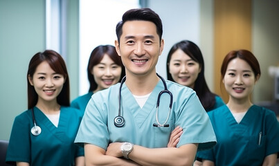 Fototapeta premium Medicine professionals staff team. Doctor, nurse and surgeon smiling in hospital room background.