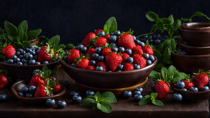 Fresh strawberries, blueberries, mint leaves on a dark background