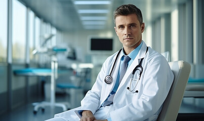 Young doctor sitting in modern medical office interior.