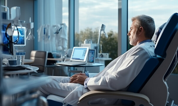 Doctor sitting in modern medical office interior