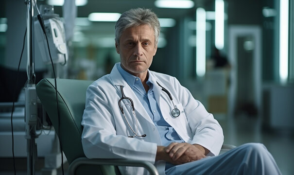 Doctor sitting in modern medical office interior room