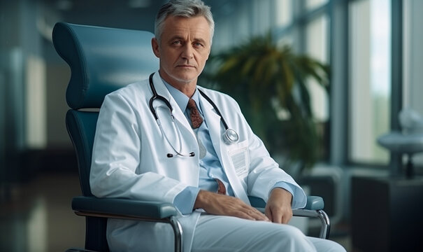 Doctor sitting in modern medical office interior room