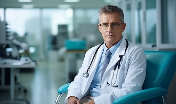 Doctor sitting in modern medical office interior room
