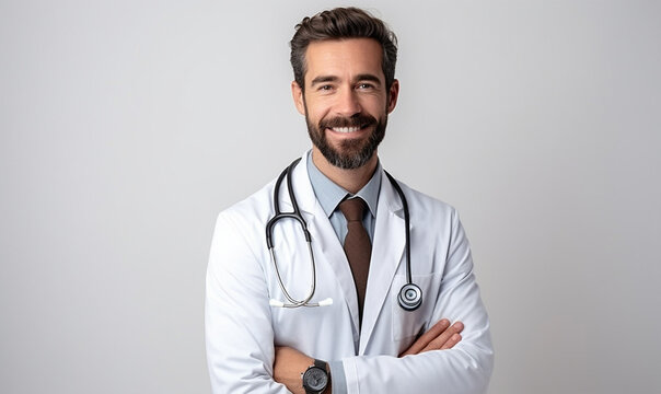 Young Man In Doctor Uniform With Stethoscope On White Background.