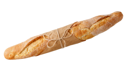 Fresh baked loaf wheat baguette in paper with rope bread flying isolated on white