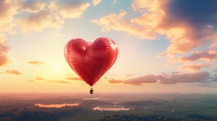 Red heart-shaped balloon in the sky. 3D rendering.