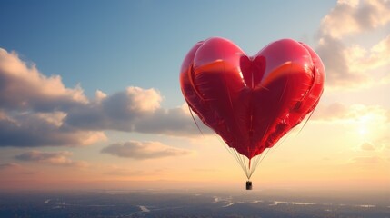 Obraz premium Red heart-shaped balloon in the sky. 3D rendering.