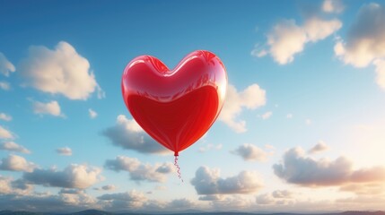 Red heart-shaped balloon in the sky. 3D rendering.