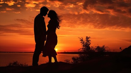 Silhouette of a couple in love at sunset.
