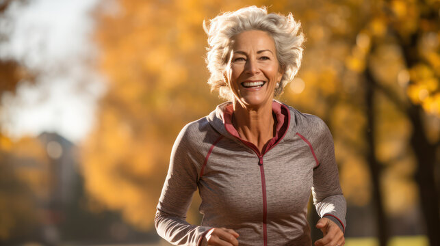 Happy senior woman jogging in the park, healthy retirement lifestyle
