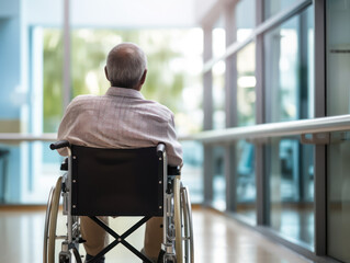 old man in wheelchair facing hospital window, waiting for disease therapy in the hospital - obrazy, fototapety, plakaty