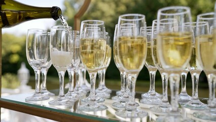 Champagne spilling at a dinner party. The server pours champagne. Catering at the event. A waiter pours champagne and glasses in the outdoor greeting area. Champagne celebration.