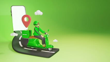 Delivery man drive scooter or motorcycle delivery food cartoon character concept on pink green 3d rendering - obrazy, fototapety, plakaty