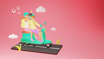 A 3D illustration of a couple traveling on a scooter while vlogging