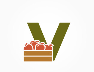 lowercase letter v with apple crate. fruit and organic food alphabet logotype. gardening and harvest design
