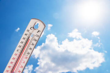 Heat, thermometer shows the temperature is hot in the sky, Summer