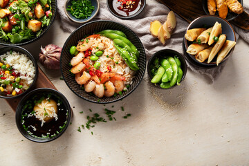 Asian food background with various ingredients on white background , top view.