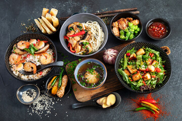 Assortment of asian traditional dishes. Asian food. - obrazy, fototapety, plakaty