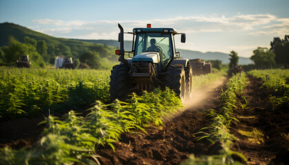 Agricultural tractor on field of cultivated cannabis, farming medical marijuana in countryside. - obrazy, fototapety, plakaty