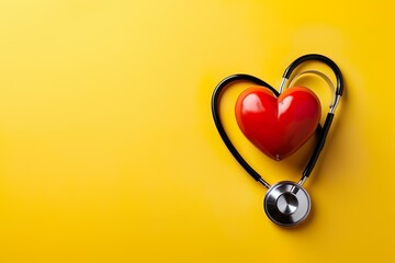 Stethoscope and red heart on yellow background. Cardiology concept - obrazy, fototapety, plakaty