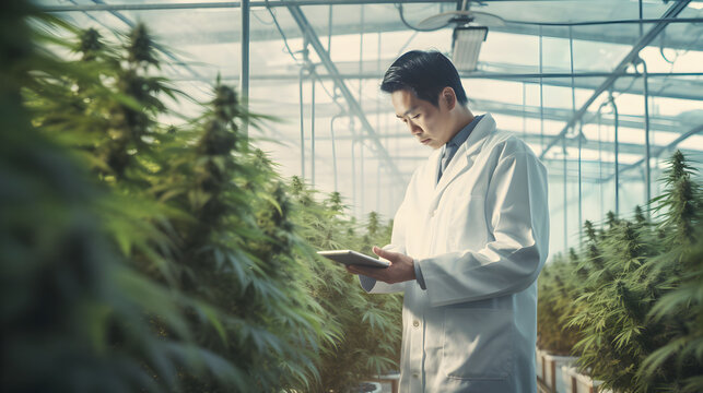 Thai man wearing white laboratory suit working at cannabis farm, holds digital tablet in hands analyzing growth process of medical cannabis.