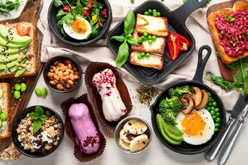 Healthy vegan food. Mushrooms, tofu, avocado and edamame beans.