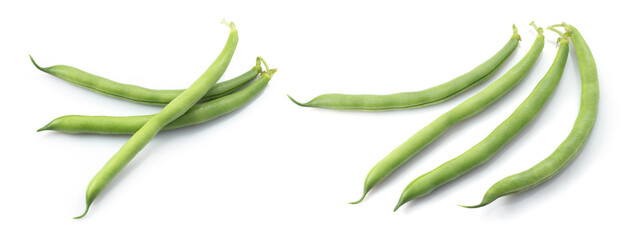 Green beans, black-eyed beans, black eyed pea pods, cowpea, object isolated on white background