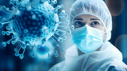 Virologist doctor woman wearing protective mask and suit and big molecule of virus. Coronavirus pandemic, recurrence.
