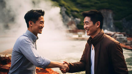 Two Asian men shake hands against the backdrop of a waterfall.