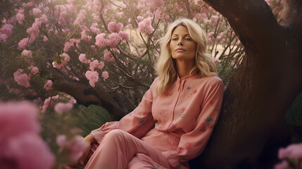 A girl meditates among pink flowers. Pink suit.