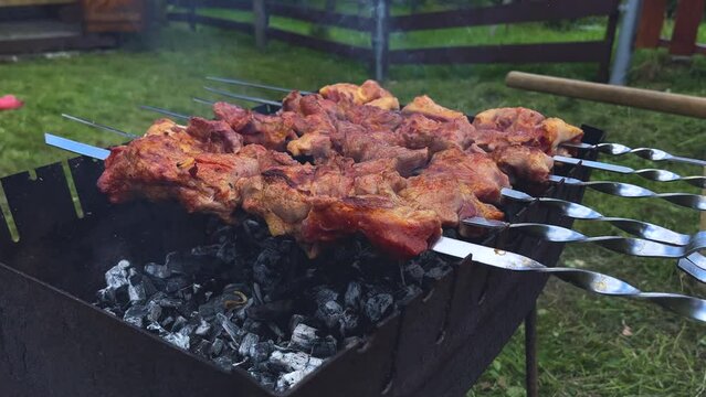 Food in nature. Grill shish kebab outdoors. Cooking juicy meat kebab on a skewer in smoke. B-B-Q. Outdoor grill. Picnic time