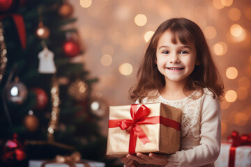 This image features a smiling girl near a decorated Christmas tree, holding a gift box with joy.