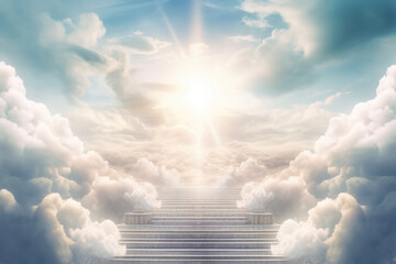 eine Treppe in mitten von Wolken die zum Himmel führt, a staircase in the middle of clouds leading to the sky - obrazy, fototapety, plakaty