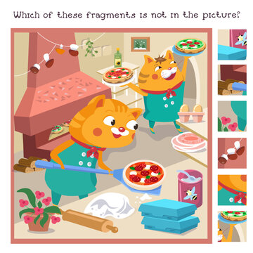 Find the hidden fragments. Educational game for kids. Puzzle in cartoon style. Cute pizzaiolo cat with pizza. Vector illustration for children.