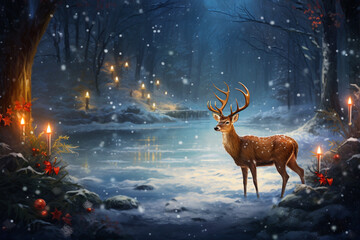 Christmas background with snow, pine trees and copy space.