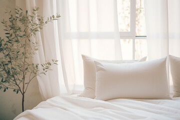 Minimal white pillow with nature light from curtian windows.