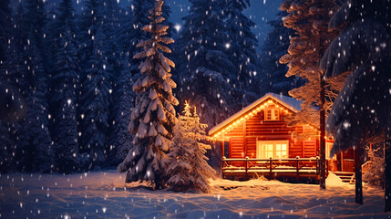 Winter wonderland, snow-covered pine trees, and glistening snowflakes surround a cozy cabin. Evening magic and holiday serenity prevail, twinkling holiday lighting illuminating the snowy landscape.