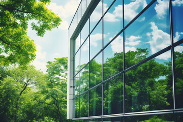 Modern glass windows buildings with surrounded green trees.