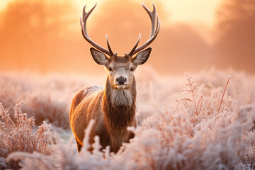 Red deer on frosted grass field on floor in winter season with beautiful morning light background.
