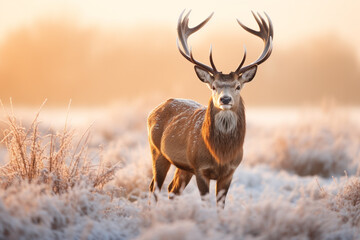 Red deer on frosted grass field on floor in winter season with beautiful morning light background.