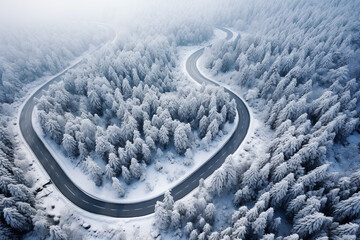 Fototapeta na wymiar Aerial curved road in the winter season with snow covering on surrounded trees on the mountains.