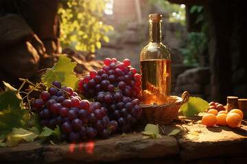 Wine and grapes on a rustic background outdoors close ups - obrazy, fototapety, plakaty