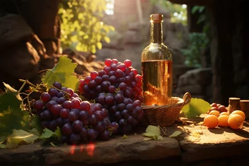 Fotobehang Wine and grapes on a rustic background outdoors close ups © castecodesign