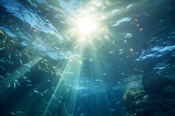 Fototapeta premium Underwater deep blue sea with rays of sun, oceam bottom backgrounds