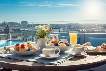Breakfast with city views, fresh delicious pastry and coffee generated by AI