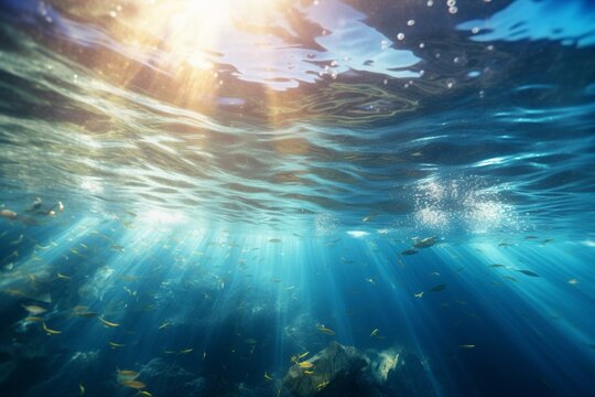 Underwater deep blue sea with rays of sun, oceam bottom backgrounds