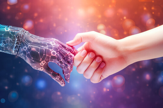 Distant civilization meet humans. Handshake, hand touch,pastel color gradient background. Energy transfer.