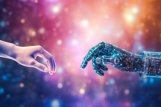 Distant civilization meet humans. Handshake, hand touch,pastel color gradient background. Energy transfer.