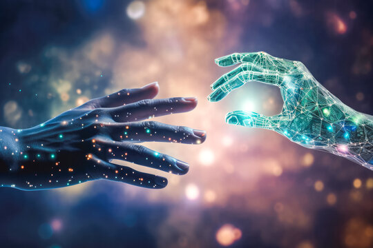 Distant civilization meet humans. Handshake, hand touch,pastel color gradient background. Energy transfer.